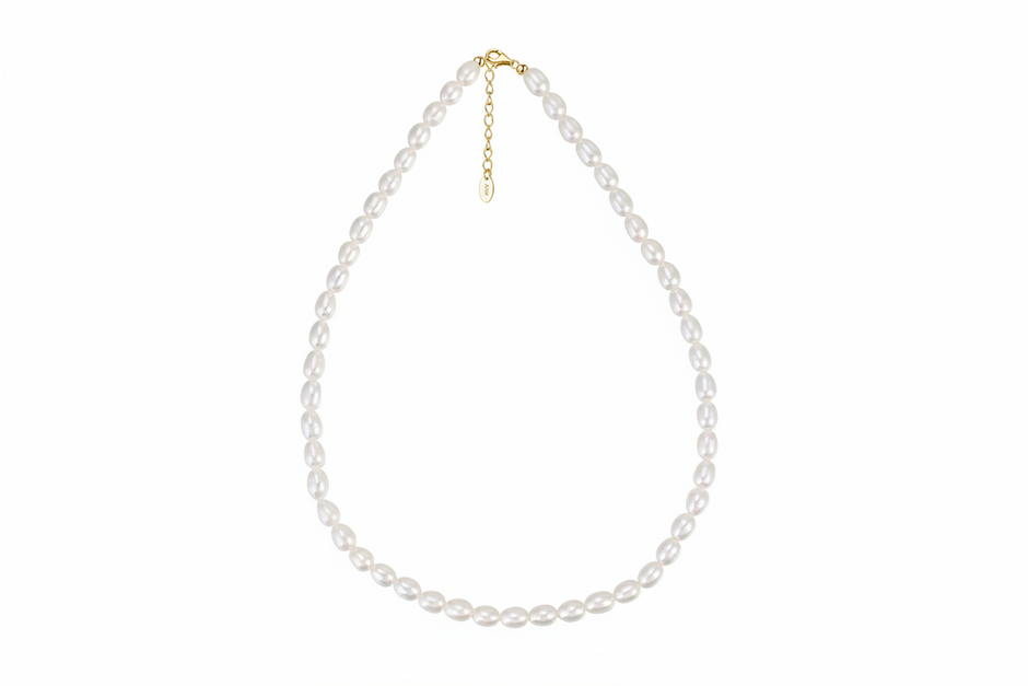 Collier perles naturelles grain de riz en argent massif doré à l'or fin