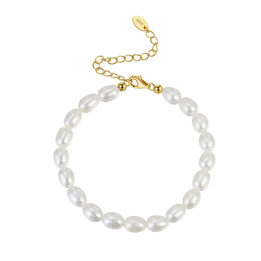Bracelet perles naturelles grain de riz en argent massif doré à l'or fin