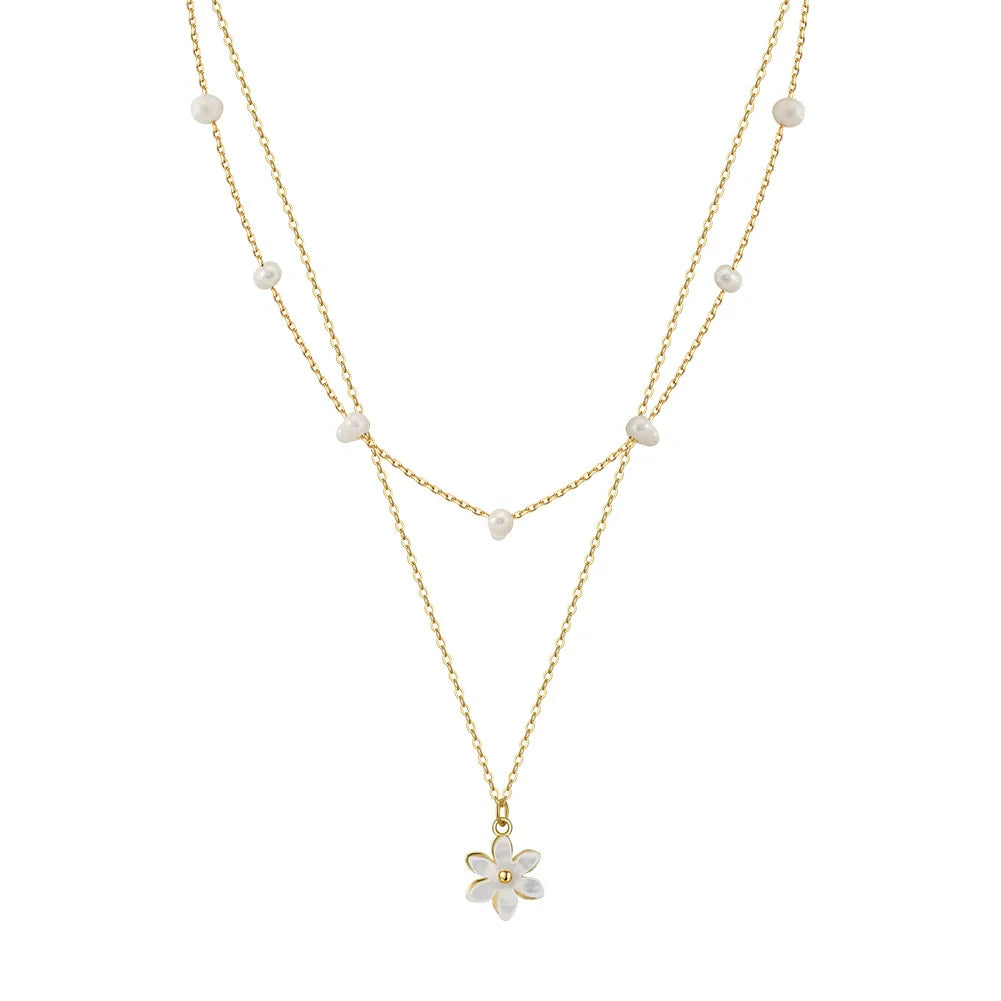 Collier minimaliste géométrique Flora double rang argent massif doré & perles naturelles