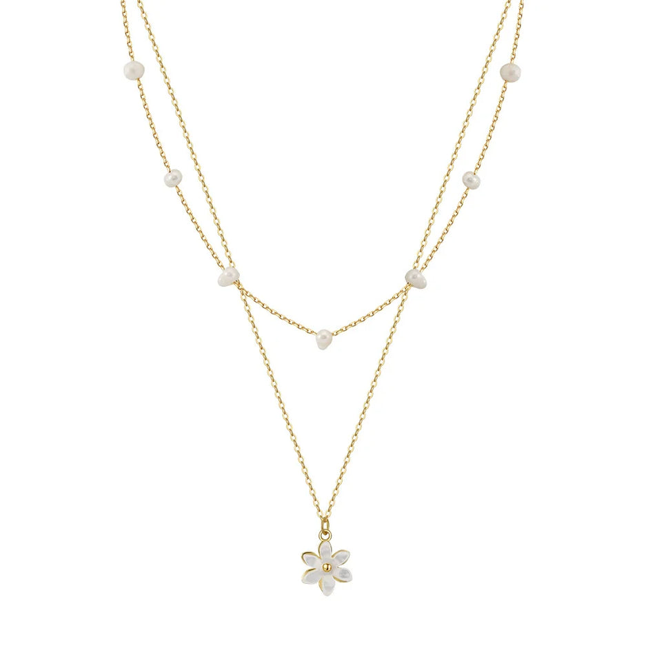 Collier minimaliste géométrique Flora double rang argent massif doré & perles naturelles