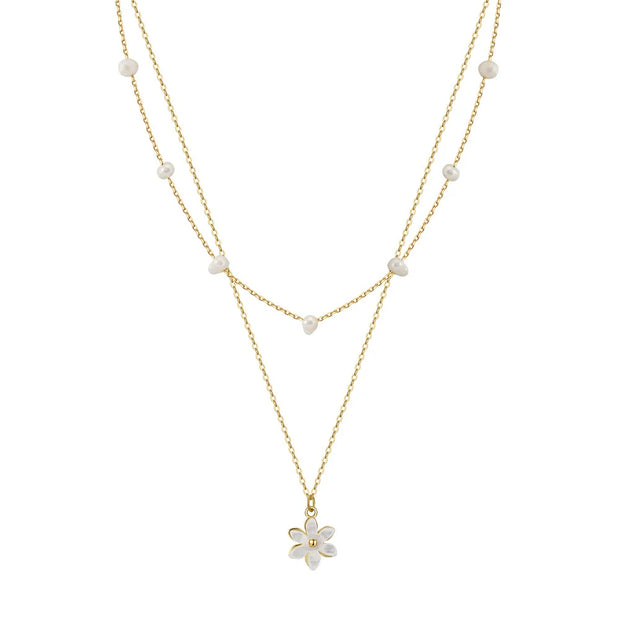 Collier minimaliste géométrique Flora double rang argent massif doré & perles naturelles