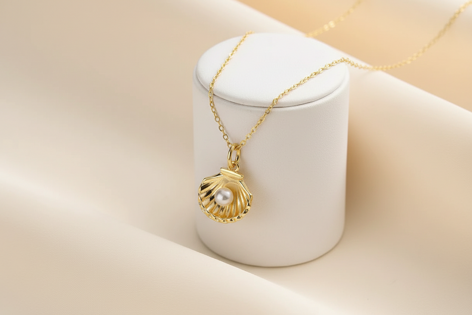 Collier coquillage perle naturelle argent massif doré à l'or fin