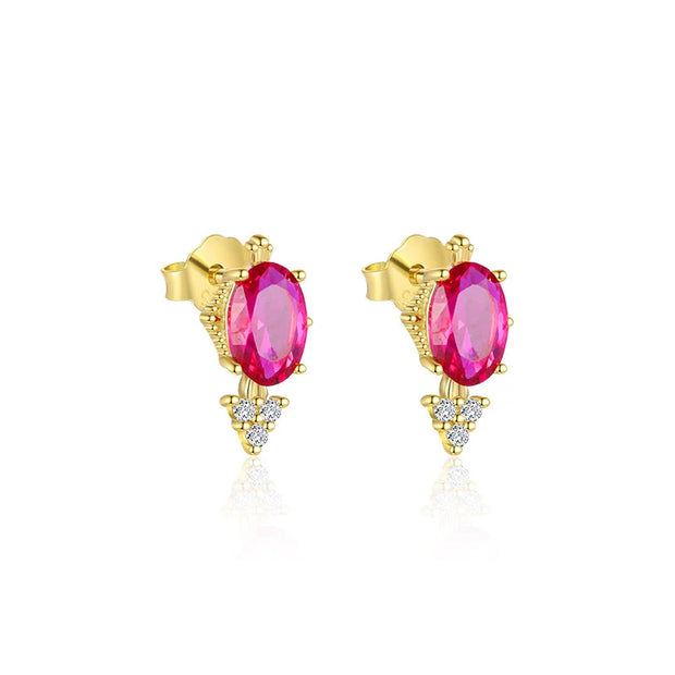 Boucles d'oreilles puces minimaliste géométrique argent massif doré & zirconium rose et blanc