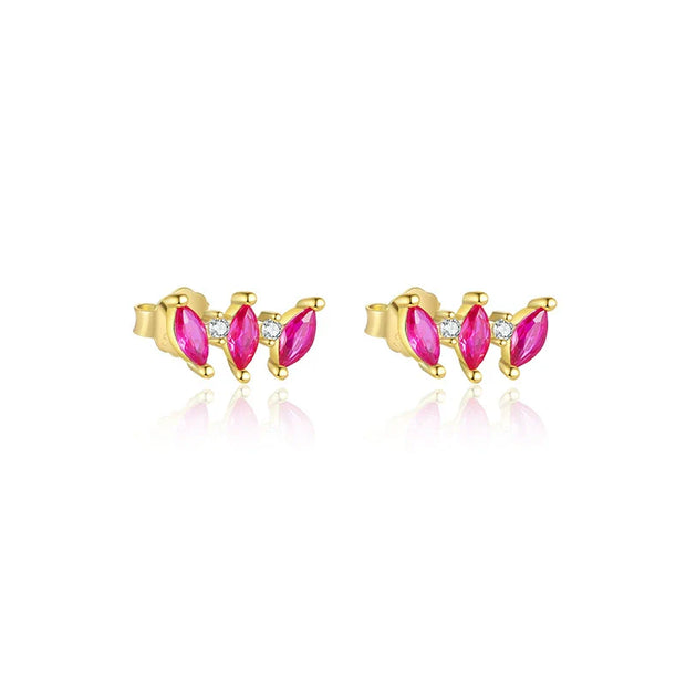 Boucles d'oreilles minimaliste géométrique argent massif doré & zirconium rose et blanc