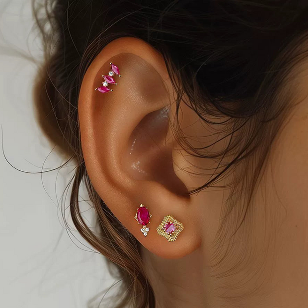 Boucles d'oreilles puces minimaliste géométrique argent massif doré & zirconium rose