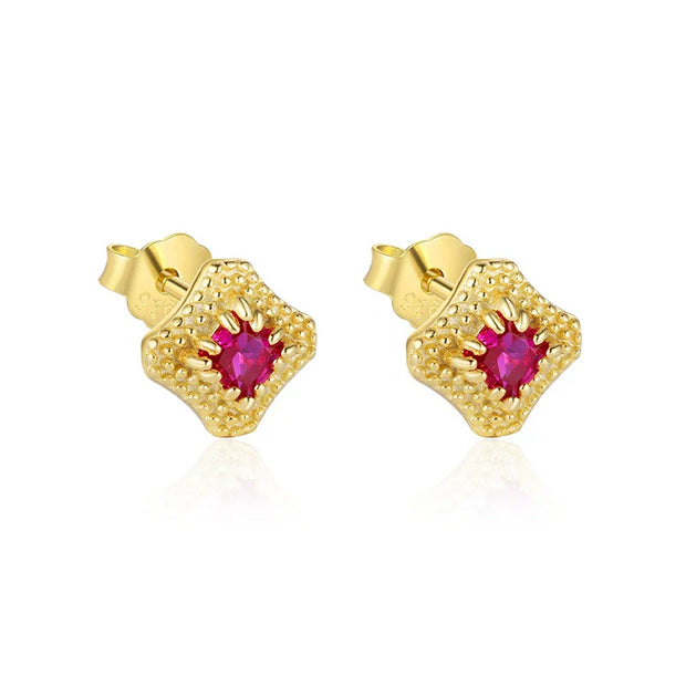Boucles d'oreilles puces minimaliste géométrique argent massif doré & zirconium rose