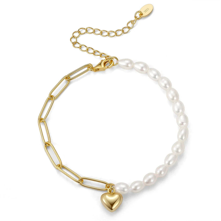 Bracelet perles naturelles Cœur argent massif doré à l'or fin