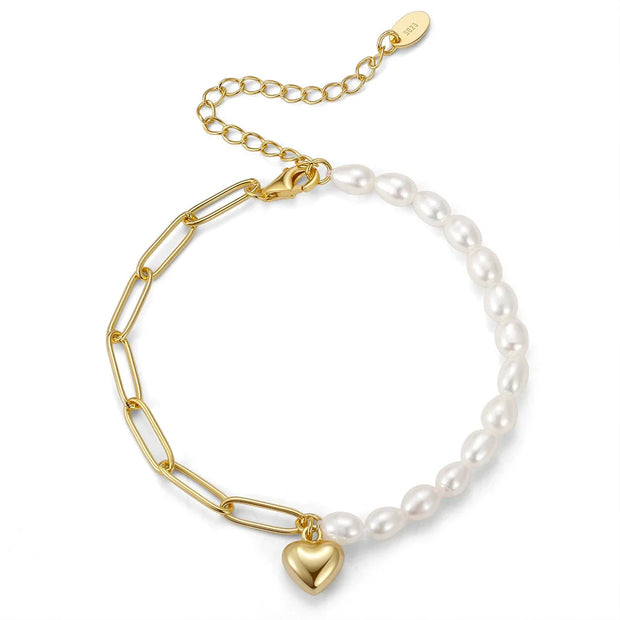 Bracelet perles naturelles Cœur argent massif doré à l'or fin