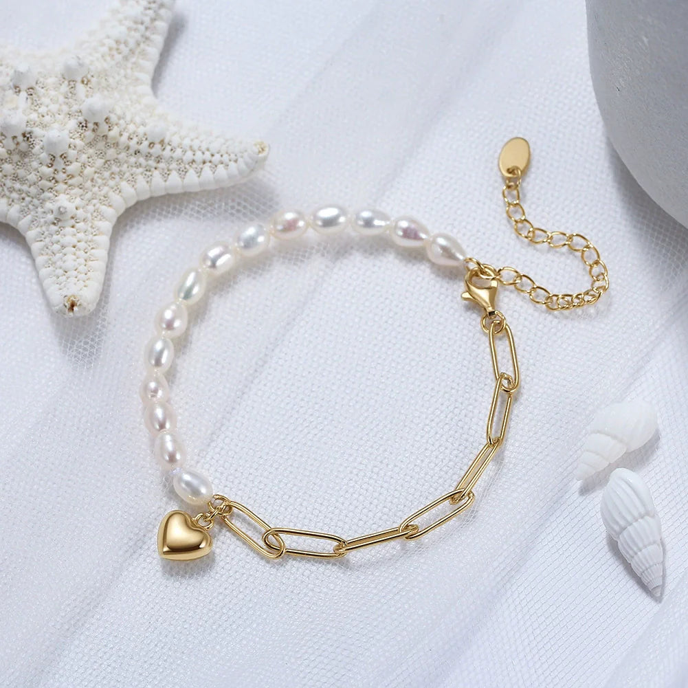 Bracelet perles naturelles Cœur argent massif doré à l'or fin