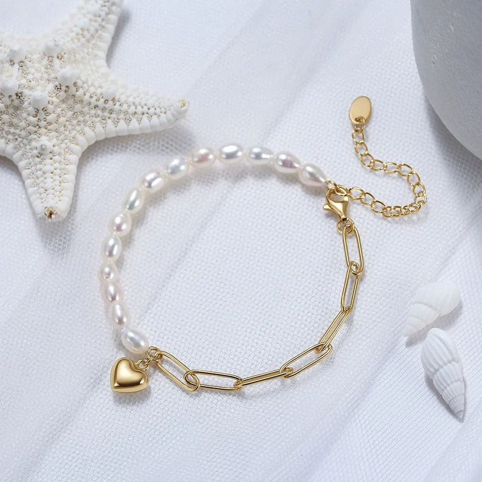 Bracelet perles naturelles Cœur argent massif doré à l'or fin