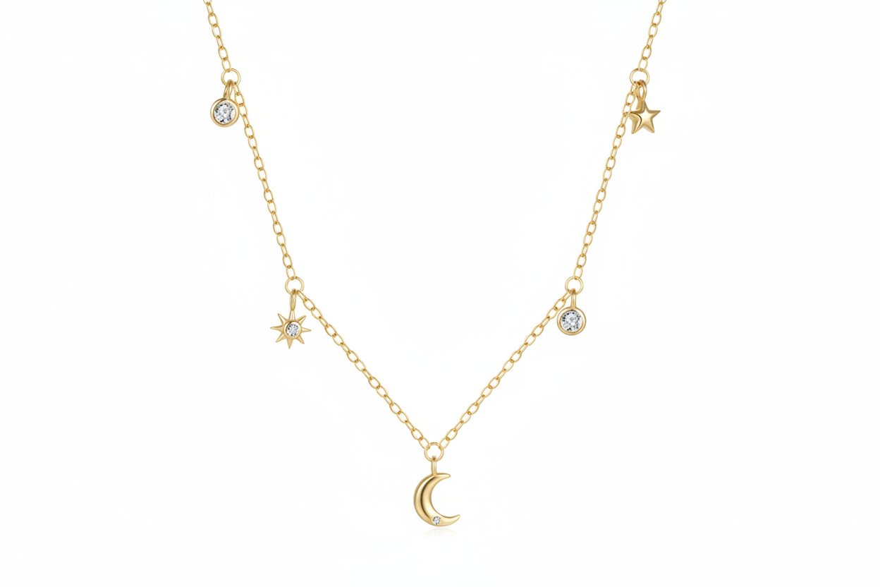 Collier minimaliste argent massif doré à l'or fin, orné d'étoiles, de lunes et oxydes de zirconium