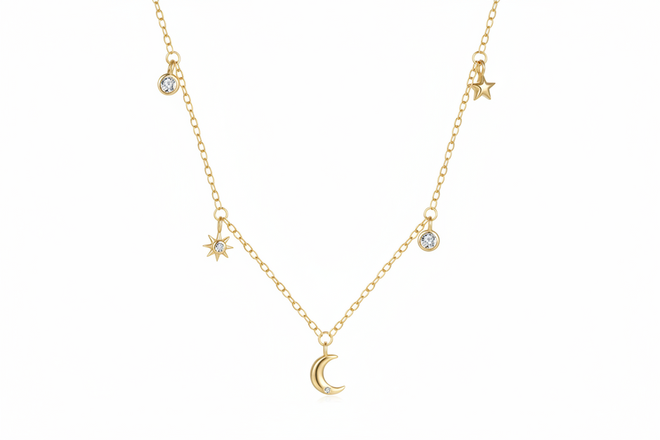 Collier minimaliste argent massif doré à l'or fin, orné d'étoiles, de lunes et oxydes de zirconium