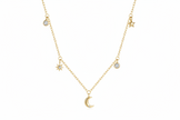 Collier minimaliste argent massif doré à l'or fin, orné d'étoiles, de lunes et oxydes de zirconium