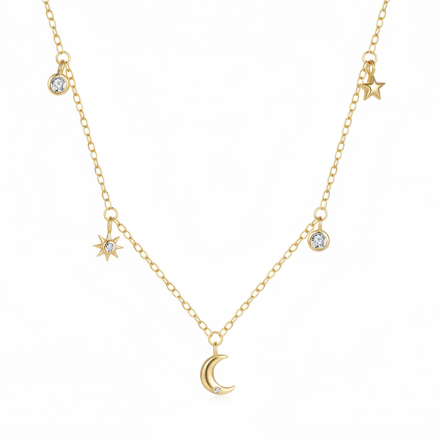 Collier minimaliste argent massif doré à l'or fin, orné d'étoiles, de lunes et oxydes de zirconium