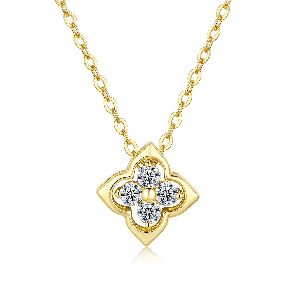 Collier pendentif trèfle 4 feuilles en argent massif doré à l'or fin et moissanites
