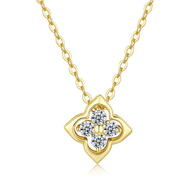 Collier pendentif trèfle 4 feuilles en argent massif doré à l'or fin et moissanites