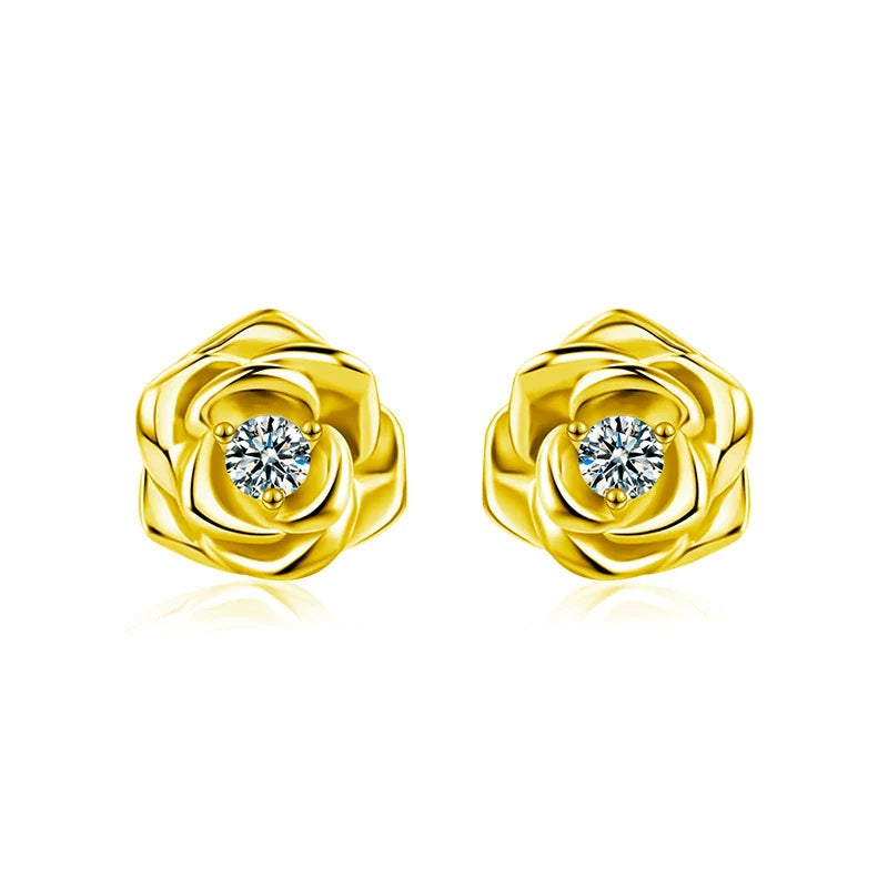 Boucles d'oreilles puces Fleur argent massif doré à l'or fin et moissanites