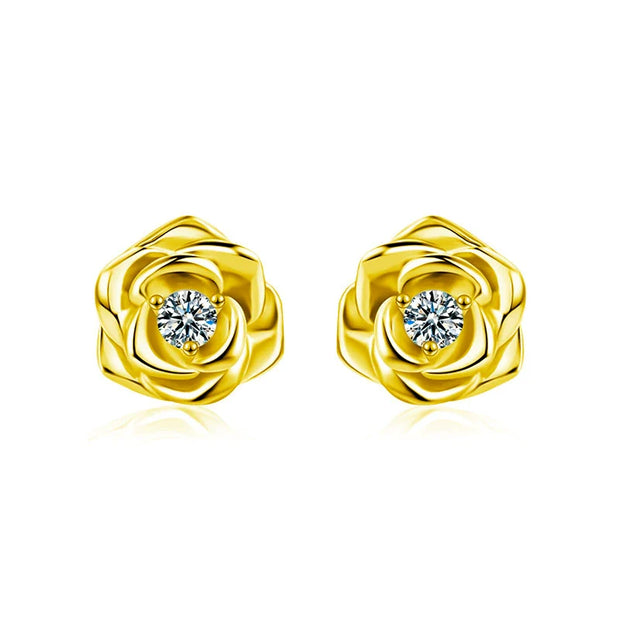 Boucles d'oreilles puces Fleur argent massif doré à l'or fin et moissanites